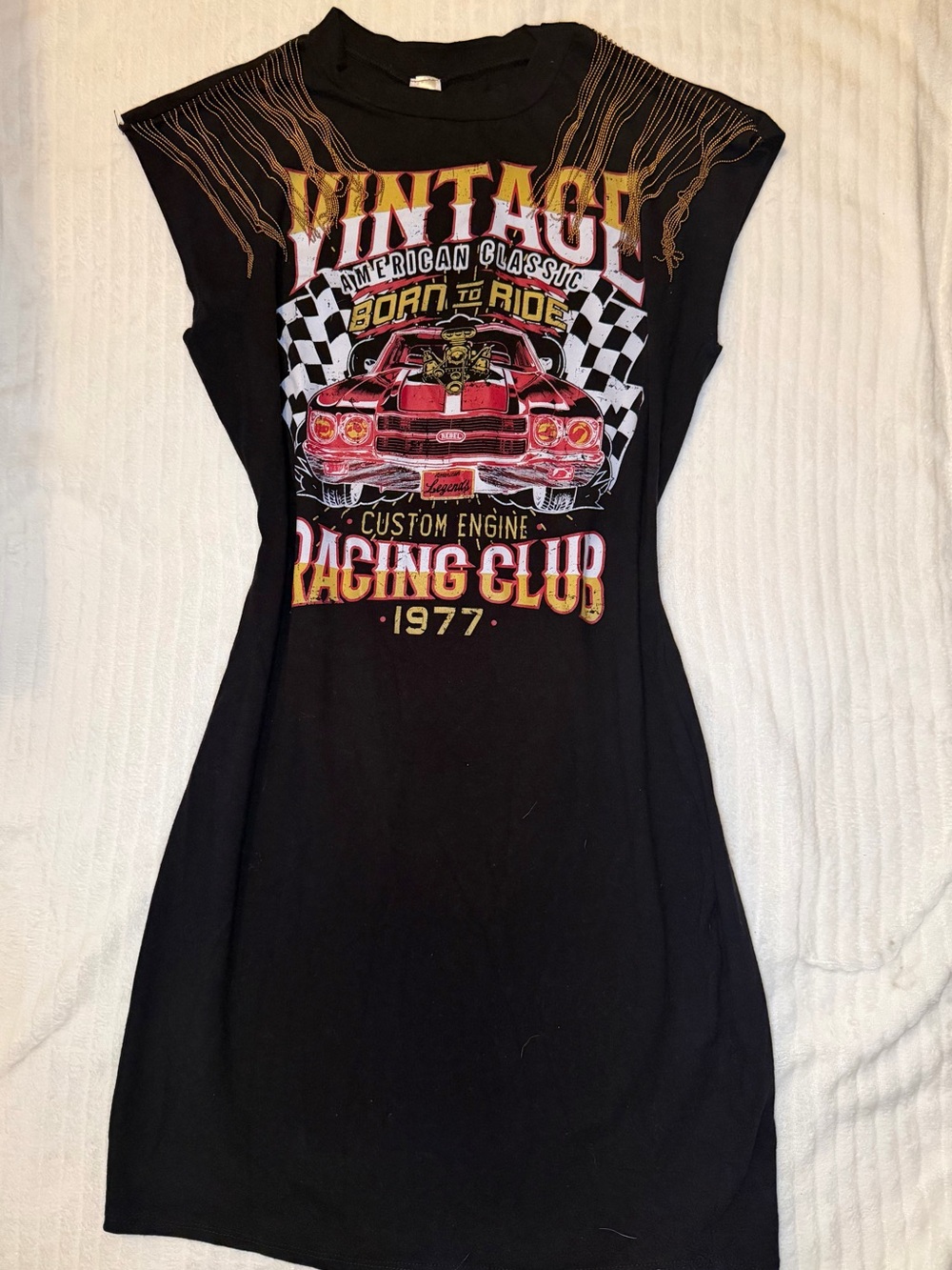 Vintage Racing Club Graphic T-Shirt Dress Fringed Shoulder Size L